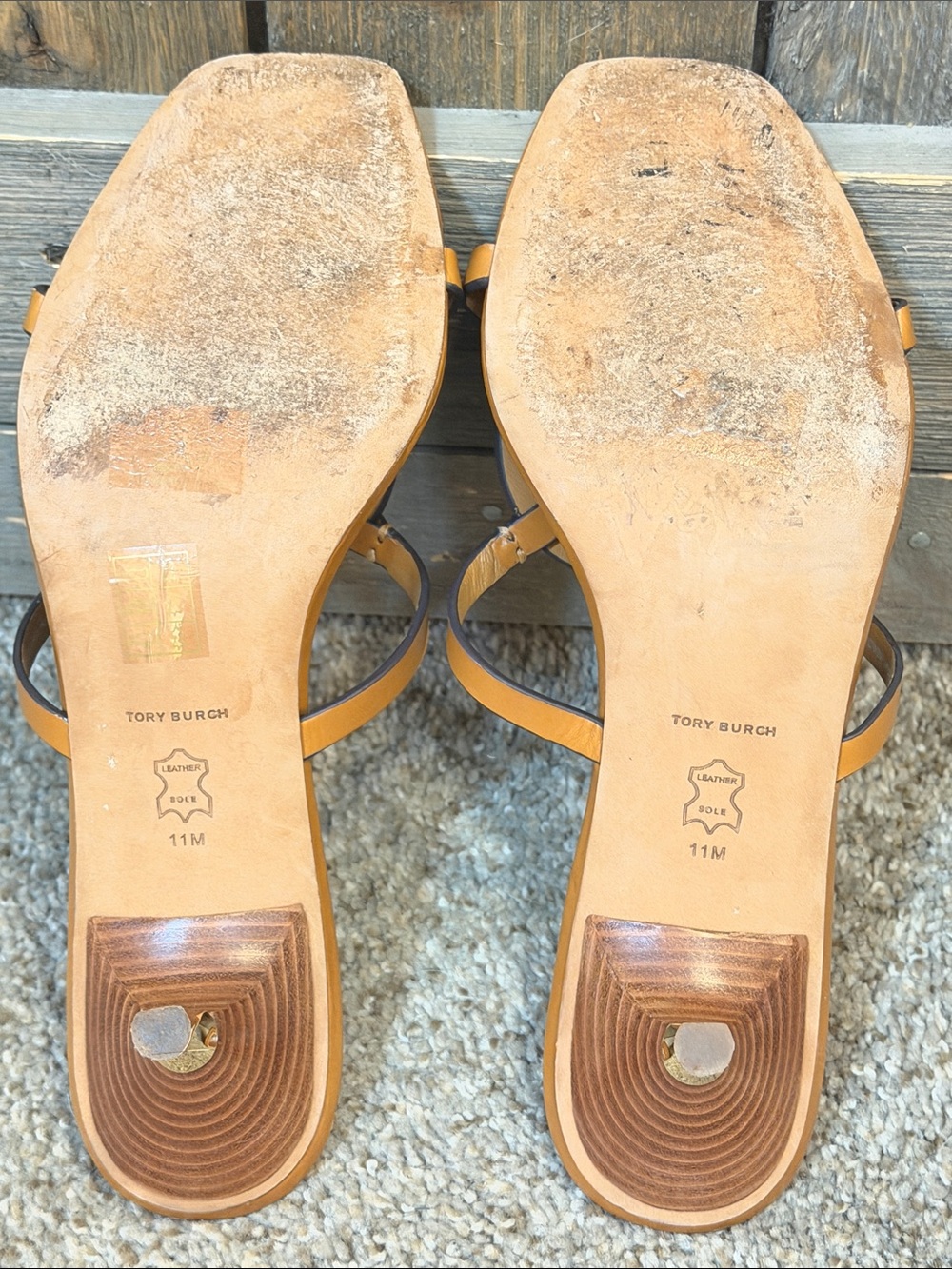 Tory Burch Miller Double Strap Leather Slide Sandals Gold Kitten Heel Tan SZ 11 - Picture 7 of 10